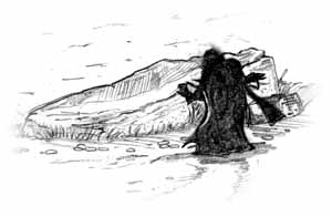 Snorro at the Dwarfie Stane: Illustration by Sigurd Towrie